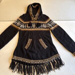 Peruvian Alpaca Knit Fringed Hooded Sweater Llama Geometric Boho Black M